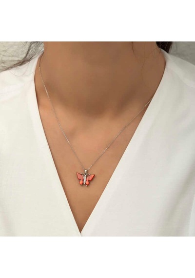 Gümüş Kırmızı Kaplangözü Taşlı Kelebek Kolye (523461803)