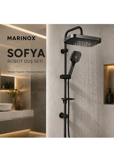 Sofya Mat Siyah Robot Duş Seti Geniş Tepe Duşlu Çok Fonksiyonlu El Duşlu Modern Banyo Duş Sistemi