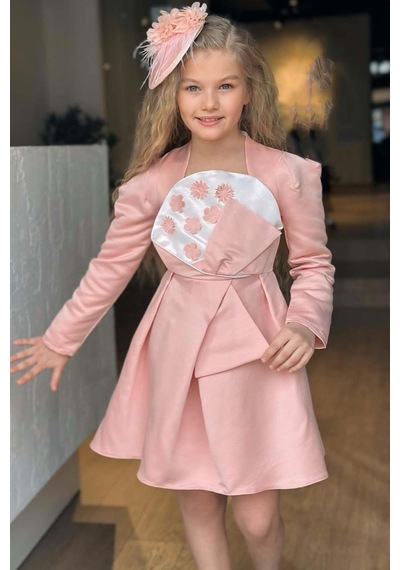Riccotarz Kız Çocuk Kare Yaka Göğsü Pano Çiçek Asimetrik Kesim Pembe Elbise Pembe