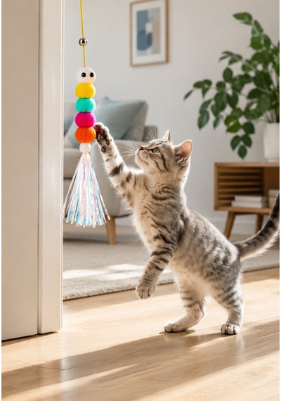 Kedi Oyuncağı Kapıya Asılan Zilli İnteraktif Kedi Oltası Vantuzlu Esnek İpli Oyuncak