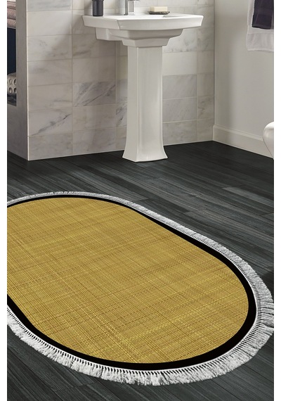Kaymaz Taban Djt Banyo Mutfak Salon Halı Star Pamuk Saçaklı Oval Dokuma Desen E5007 Altın Sarısı