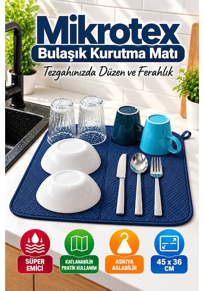 Lacivert Bez Mikrotex Bulaşık Kurutma Matı 45x36 Cm Süper Emici Katlanabilir Tezgah Üstü Kurutma Mat
