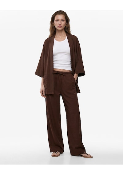 Koton Modal Kumaş Şal Yaka Cepli Uzun Kollu Kimono Ceket Kahverengi 6sak50042ew Kahve