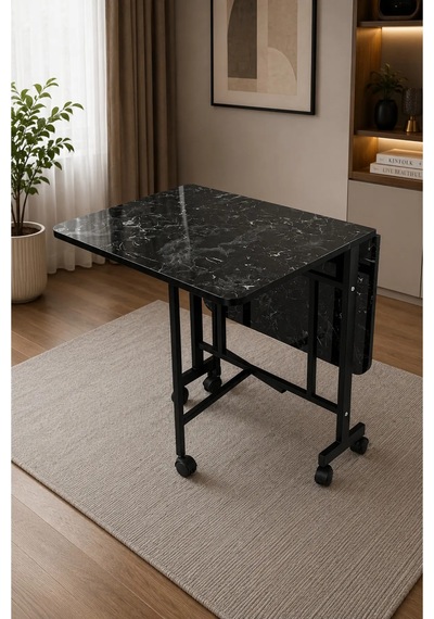 Çok Amaçlı Açılır Katlanır Ahşap Kelebek Masa Siyah Mermer 60x120