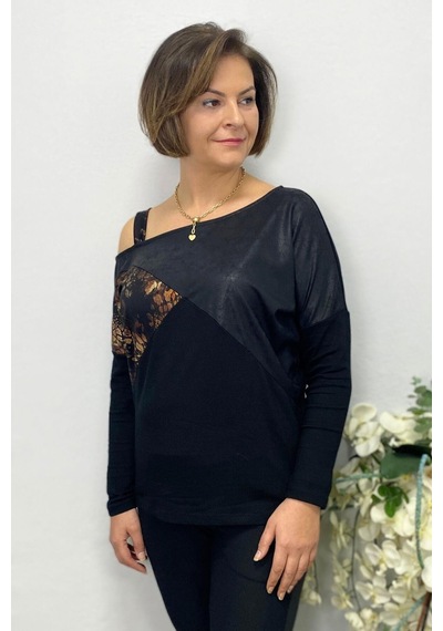 Mia Butik Büyük Beden Kahve Tek Omuz Leopar Detaylı Bluz-1583 Gri