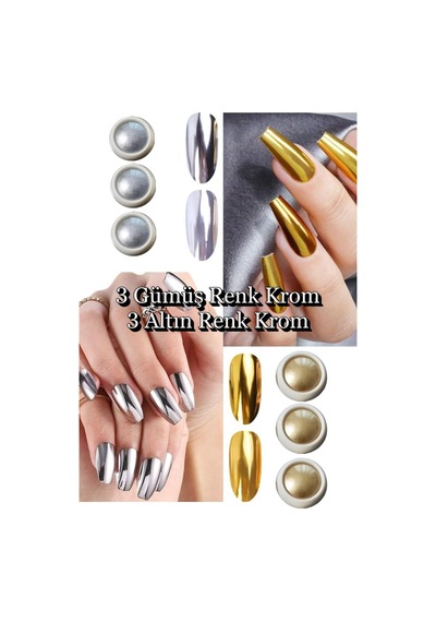 6 Adet Krom Tozu - Ayna Tozu - Gold Ve Silver - Altın Ve Gümüş Nail Art Tozu Altın Ve Gümüş