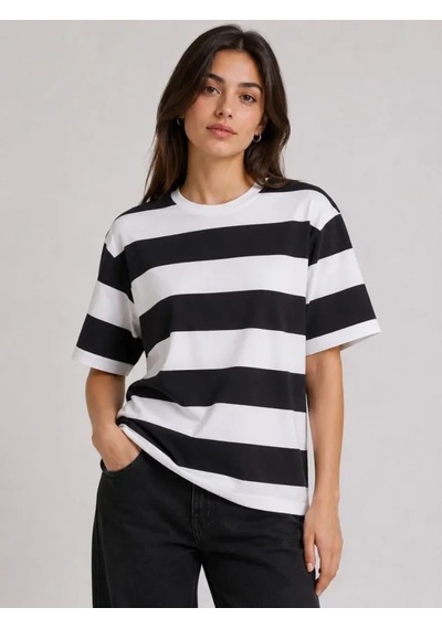 Efnaz Style Çizgili Oversize Tişört Bisiklet Yaka Kısa Kol Yazlık T-shirt - Siyah