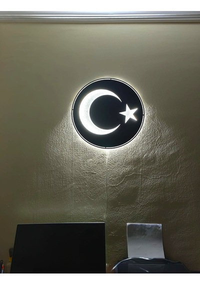 Motto Dekor Lazer Kesim Metal Türk Bayrağı Görselli Beyaz Led Işıklı Duvar Dekoru Duvar Aydınlatması Siyah