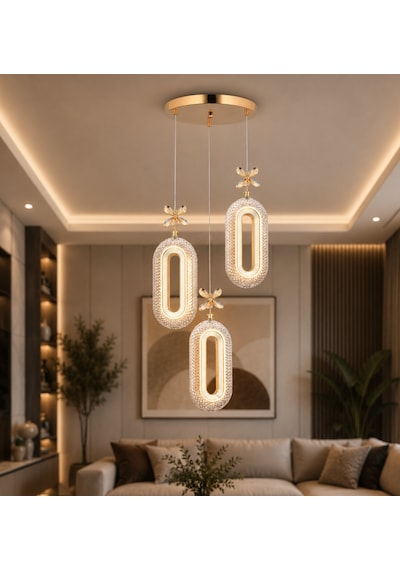 3 Lü Defne 3 Renk Modlu Kristal Taşlı Ledli Sarkıt Avize Sarı