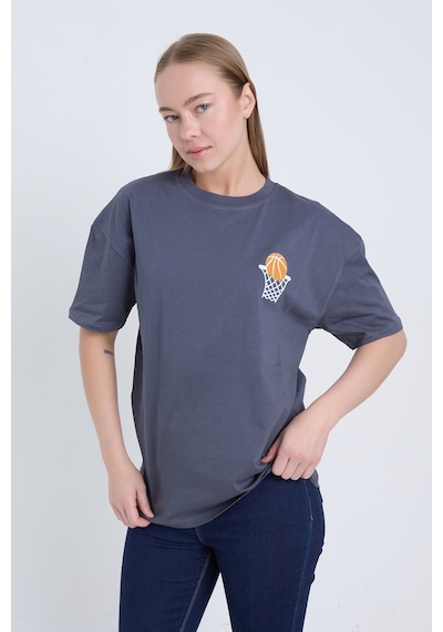 Velvoria Unisex Oversize Relaxed Basketball Baskılı Antrasit Renk T-shirt