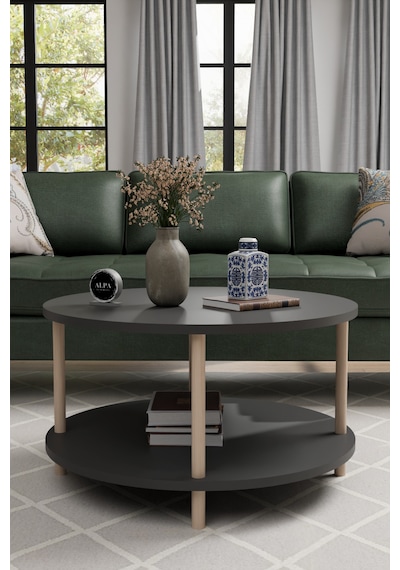 Alpaevmobilya Modern Yuvarlak Orta Sehpa 60 Cm 2 Raflı Ahşap Ayaklı Çok Amaçlı Organizer Sehpa Antrasit