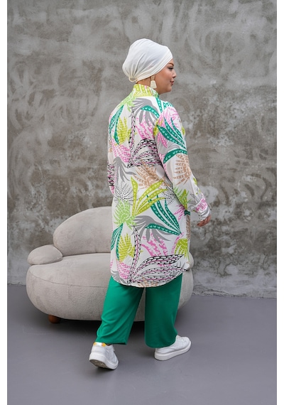 Polologin Butik Renkli Yaprak Desenli Hakim Yaka Tunik Yeşil Pembe Beyaz