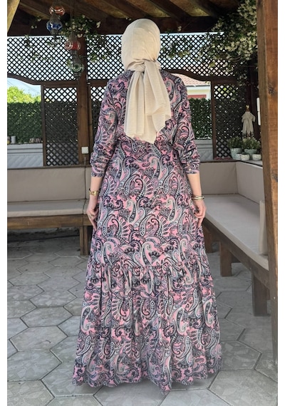 Rabia Şamlı Rengin Şal Desenli Gömlek Elbise Pembe Normal