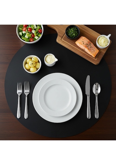 6 Kişilik 12 Parça Siyah Yuvarlak Deri Amerikan Servis Supla 33x33 Cm-kolay Silinir Supla