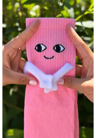 Lousocks Unisex Pembe Elele Tutuşan - Halay Çeken Çorap 1 Çift - Sevimli Yüz İfadeli Soket Çorap