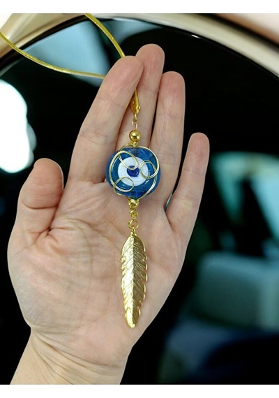 Turkuaz Danagözü Nazar Boncuğu Araba Dikiz Ayna Süsü, Metal Yapra