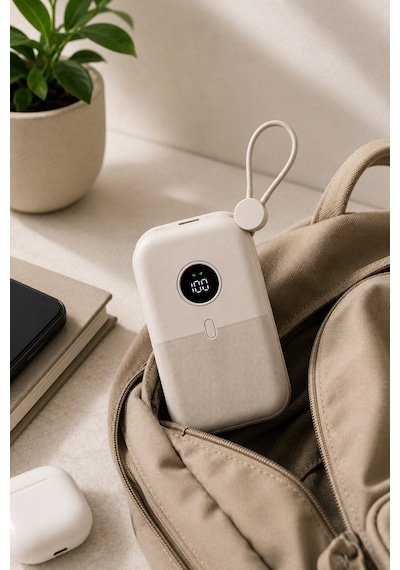 10000mah Powerbank 22.5w Hızlı Şarjlı Taşınabilir Şarj Cihazı Dahili Kablolu Krem