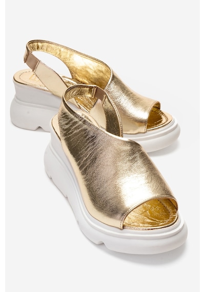 Luvishoes Agusto Altın Hakiki Deri Kadın Dolgu Topuk Sandalet Altın