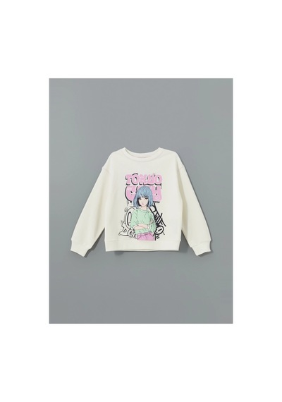 LC Waikiki Bisiklet Yaka Baskılı Kız Çocuk Sweatshirt Ecru