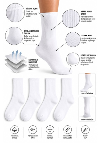 Worthy Socks 4'lü Atletik Spor Tenis Kolej Çorap beyaz
