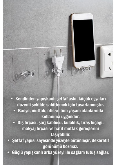 10 Adet Şeffaf Diş Fırçası Askısı Ve Yapışkanlı Fiş Kablo Tutucu Çok Amaçlı Duvar Askısı