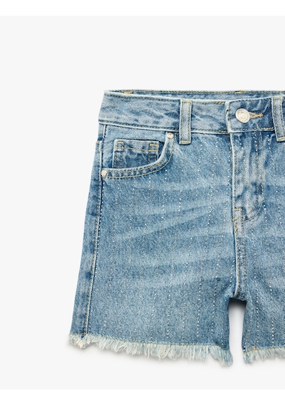 Koton Pamuklu Cepli Püsküllü Paça Denim Şort Orta İndigo 6skg40114ad