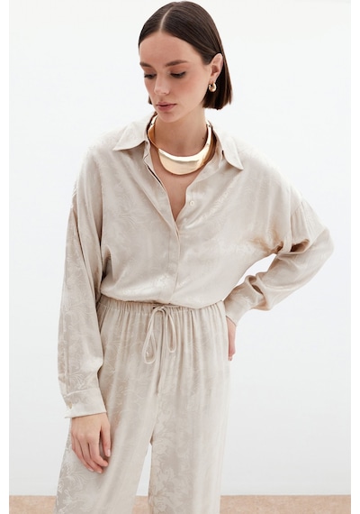 Sateen Jakarlı Saten Gömlek - Bej-136037 Bej