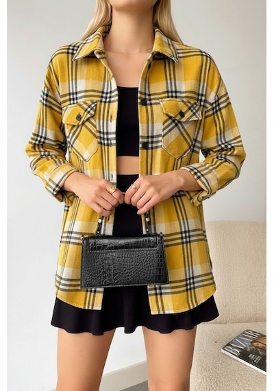 Mamayaga Kadın Desen Bloklu Oduncu Oversize Bol Ve Geniş Kalıp Casual Cepli Yakalı Ceket Gömlek Beyaz