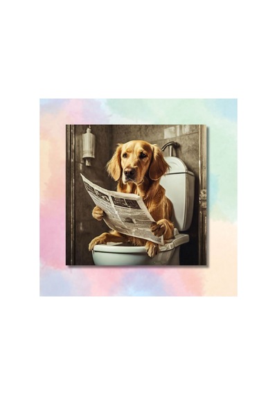 Tekli Kare Kanvas Banyo Tablosu Gazete Okuyan Golden Cins Köpek Kanvas Çok Renkli Çerçevesiz