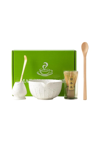 5'li Matcha Çay Seti, Bambu Süpürge, Kaşık, Kürek Ve Seramik Kase İle Beyaz