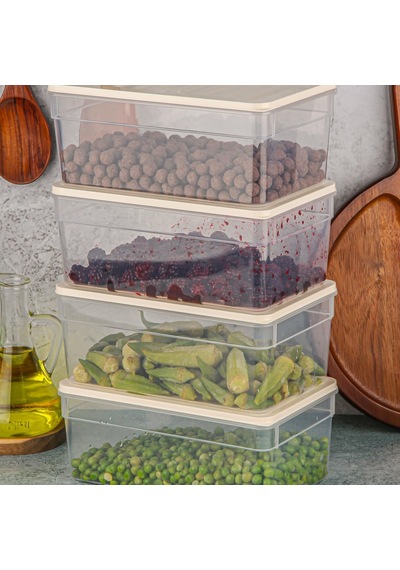 4'lü Buzdolabı Düzenleyici Organizer Mikrodalga Ve Difrize Uygun Saklama Kabı Antrasit Set 1170 Ml Bej Çok Renkli