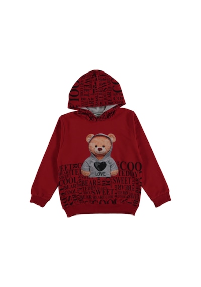 DİJİTAL  AYICIK ve YAZI BASKILI 2 İPLİK  KAPŞONLU KIZ SWEATSHIRT Kırmızı