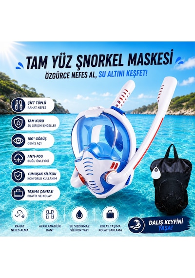 Hymark Çift Tüplü Şnorkel Maskesi S-m Beden Tam Kuru Dalış Yüzme Maskesi Full Face Dalış Gözlüğü Beyaz - Mavi