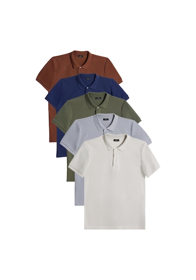 Tudors Erkek 5'li Paket Kahverengi-lacivert-haki-gri-açık Gri Slim Fit Pamuklu Düz Pike Polo Yaka Tişört-33032 Multi Çok Renkli