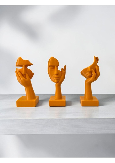 Modern Yüz Figürlü 3 Lü Dekoratif Heykel Seti-ev Ve Ofis Dekorasyonu Biblo 15 Cm Mat Gold