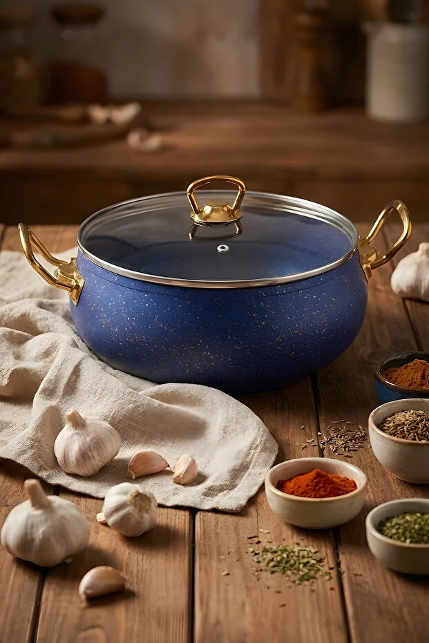 7 Parça Atlas Granit Tencere Ve Tava Seti 20 Cm 2.5l, 24 Cm 4.5l, 26 Cm Basık 3l, 26 Cm Tava Mavi