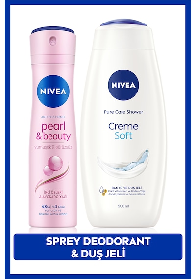 Nivea Creme Soft Banyo ve Duş Jeli 500 ML + Kadın Sprey Deodorant Pearl&Beauty 150 ML 48 Saat Ter Karşıtı