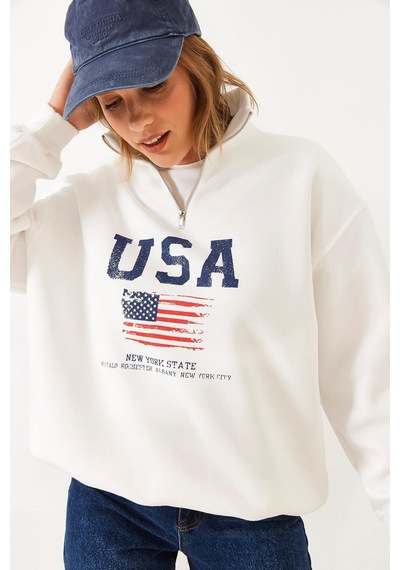 Shade Kadın Arım Fermuarlı Usa Baskılı Dik Yaka Sweatshirt 60251880 - Beyaz