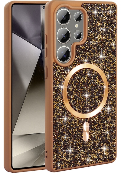 Teleplus Samsung Uyumlu Galaxy S26 Ultra Kılıf Taşlı Mozaik Manyetik Şarj Kapak Gold