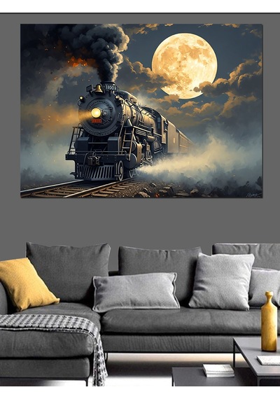 Gece Yolunda Buhar Saçan Tren Dekoratif Kanvas - Mdf Ahşap Tablo