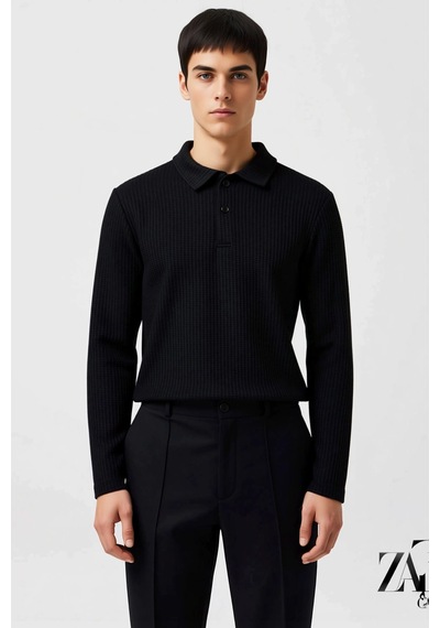 Benerly Erkek Polo Yaka Uzun Kol Relaxed Fit Pamuk Sweatshirt Fonksi siyah