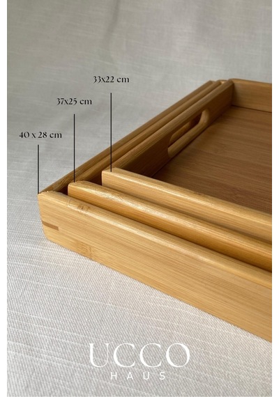 3'lü Bambu Tepsi Seti Doğal Ahşap Servis Tepsisi 40x28 -37x25 -33x22 Cm Şık Ve Sağlıklı Sunum