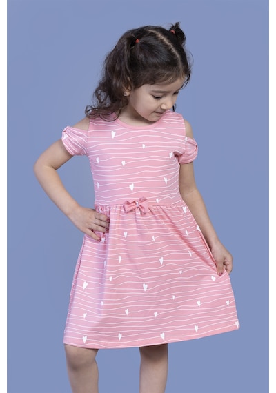 Toontoy Kız Çocuk Kalp Desenli Kolları Detaylı Elbise Açık Pembe