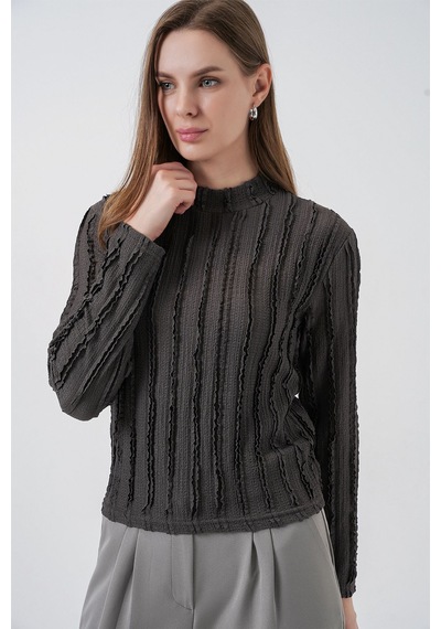 Hiccup Bdart Dokulu Slim Fit Dik Yaka Bluz Kömür Grisi