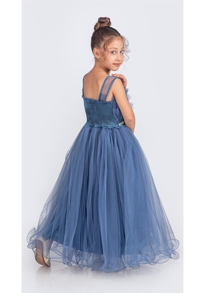 Mnk Baby & Kids Kız Çocuk Robası Katlı Özel Gün Abiye Elbise Mnk0475 İndigo