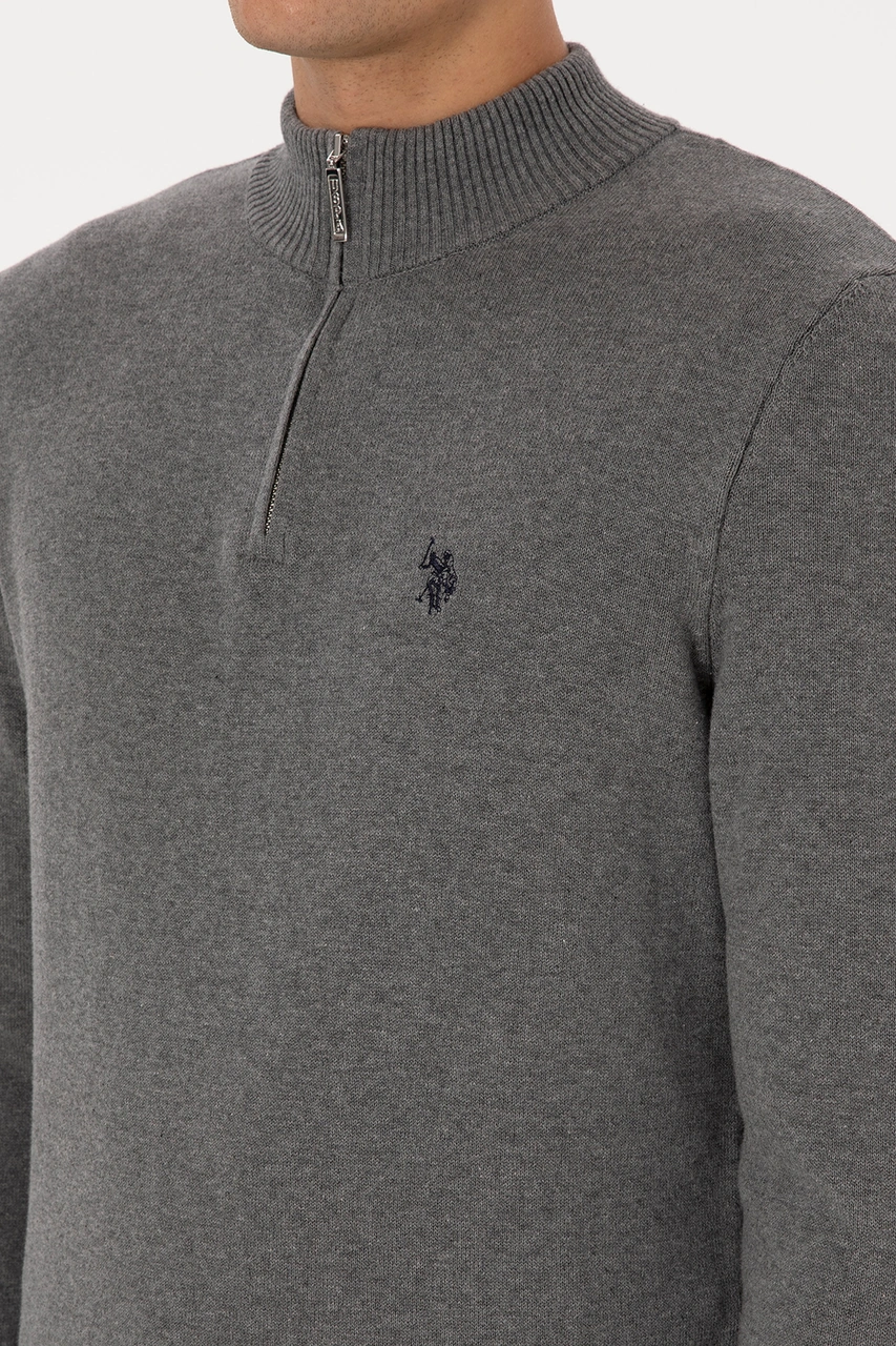 U.S. Polo Assn. Erkek Slim Fit Yarım Fermuarlı Gri Melanj Basic Kazak 50313695-VR109