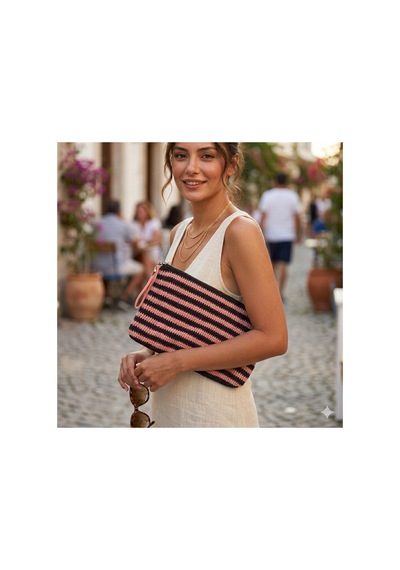Lento Design El Örgüsü Çizgili Clutch Çanta Siyah & Somon Pamuk Portföy, Fermuarlı El Yapımı Cüzdan Bej