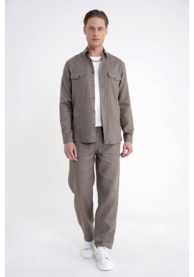 Comfort Fit Yan Cepli %100 Keten Haki Gömlek Ceket G 1602