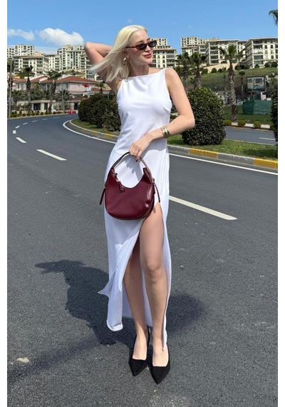Madmext Beyaz Maxi Boy Yırtmaç Detaylı Kadın Elbise Mg2367 Beyaz