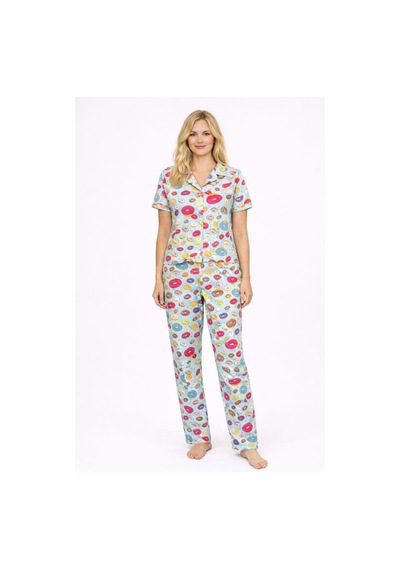 Burcumay Kadın Çok Renkli Donut Desenli Kısa Kollu Yazlık Pijama Takımı Çok Renkli